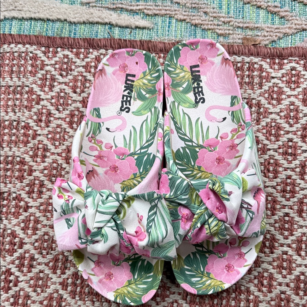 Muk Luks Tropical Pink and Green Sandals